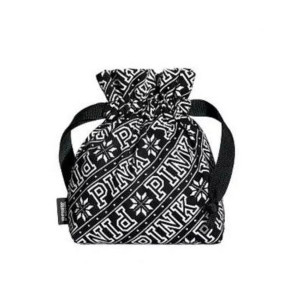 Victoria's Secret PINK Black White Logo Snowflake Small Pouch Bag Drawstring NWT - Picture 1 of 2
